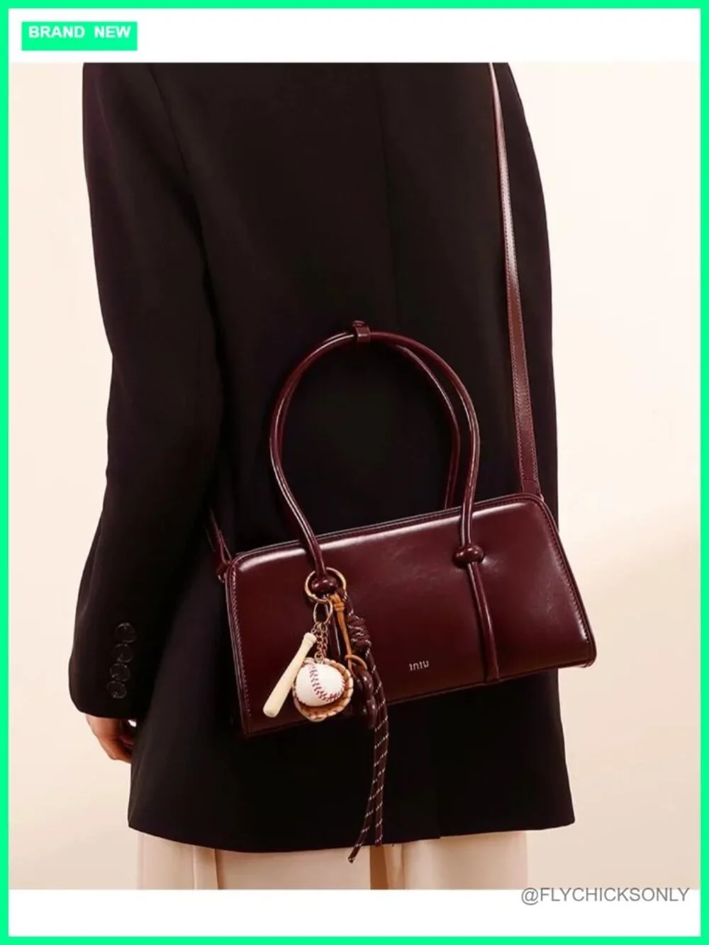 Glossy Faux Leather Top Handle Satchel with Baseball Charm